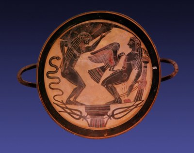 Kylix à figures noires représentant Atlas portant le ciel et Prométhée enchaîné avec un aigle lui dévorant le foie, c.555 av. J.-C. - Arkesilas Painter